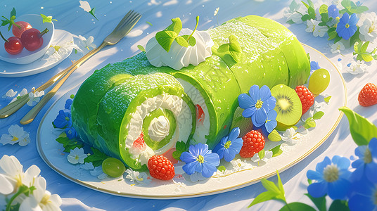 绿色毛巾放在盘子中抹茶味卡通毛巾卷蛋糕插画