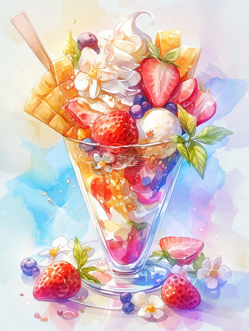 水彩风美味的冰激凌水果杯图片