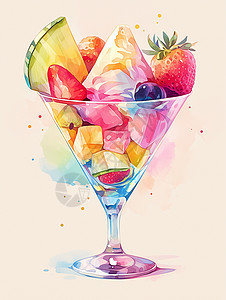 甜品杯水彩风美味的冰激凌水果杯插画