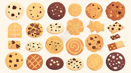 曲奇卡通各种美味的巧克力曲奇饼干插画