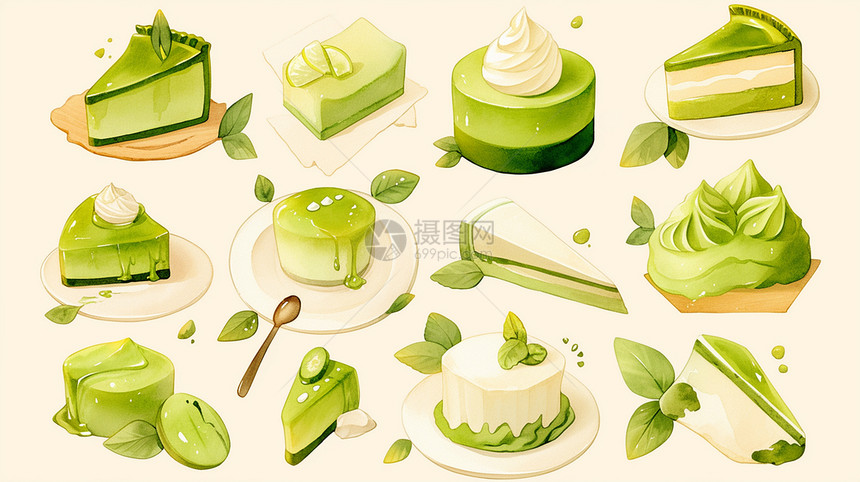 清新浅绿色抹茶口味各种造型的蛋糕图片