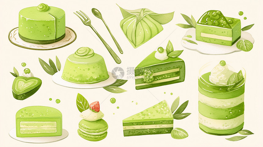 清新浅绿色抹茶口味造型的卡通蛋糕图片