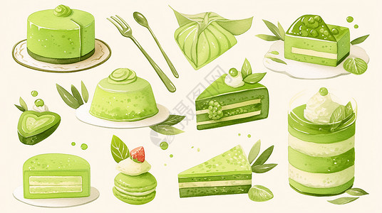 抹茶奶油清新浅绿色抹茶口味造型的卡通蛋糕插画