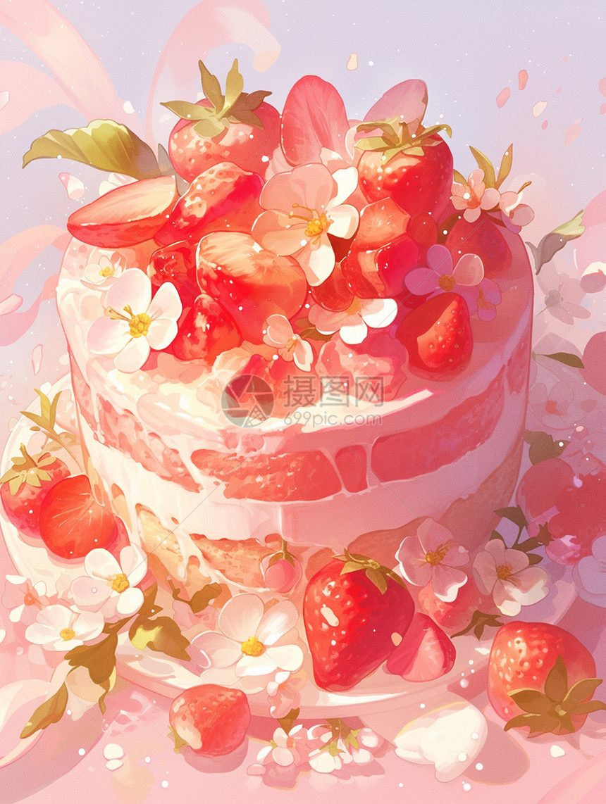 梦幻粉色草莓花朵奶油蛋糕图片