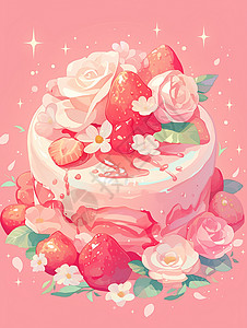 草莓花朵奶油蛋糕背景图片