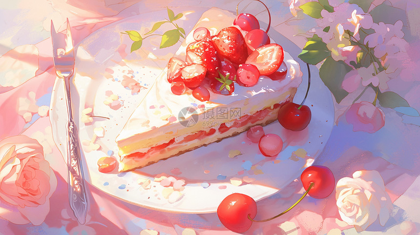 在盘子中梦幻粉色卡通甜品蛋糕图片