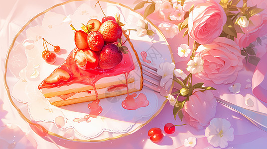 白色奶油素材在白色盘子中粉色美味的甜品蛋糕插画