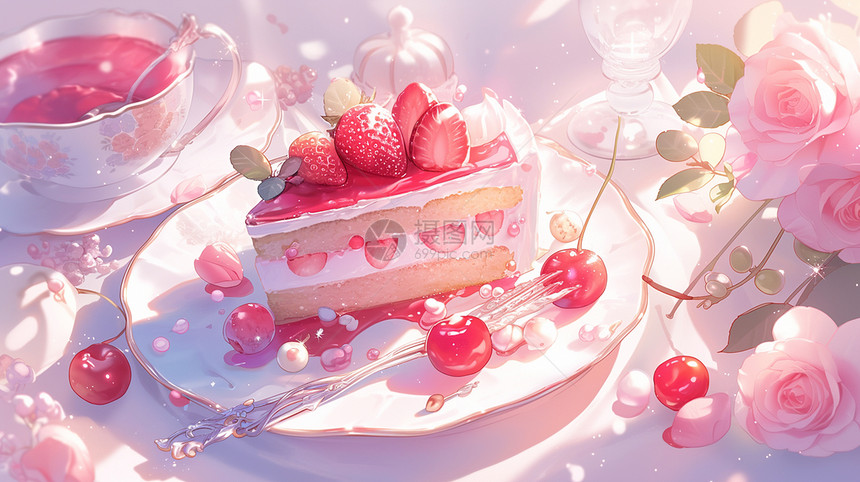在盘子中梦幻粉色美味的甜品蛋糕图片