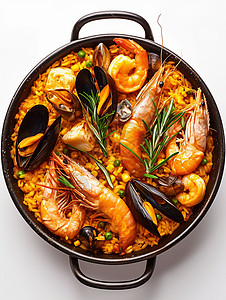 西班牙海鲜炖饭一大盆美味诱人的海鲜鲜虾饭插画