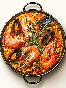 西班牙海鲜炖饭一大盆诱人的海鲜鲜虾饭插画