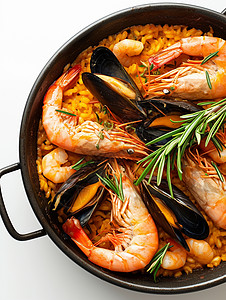 西班牙海鲜炖饭一大盆诱人的卡通海鲜鲜虾饭插画