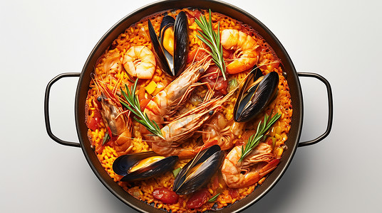西班牙海鲜炖饭铁锅中装满了美味诱人的海鲜卡通美食插画