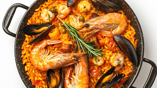 黑色铁锅中装满了美味诱人的海鲜美食高清图片