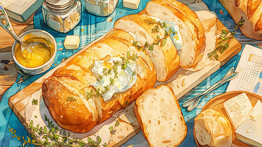 淡黄色美味诱人的卡通面包早餐背景图片