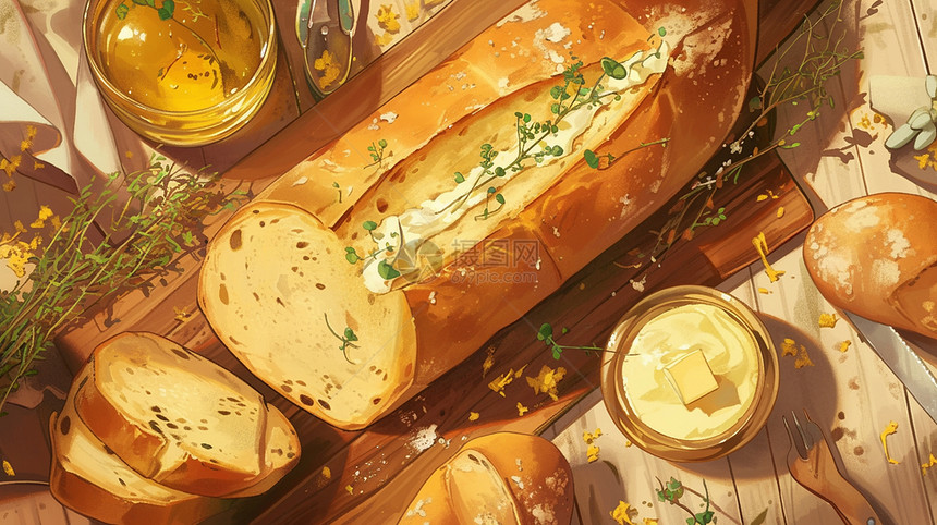 淡黄色美味诱人的卡通面包早餐图片