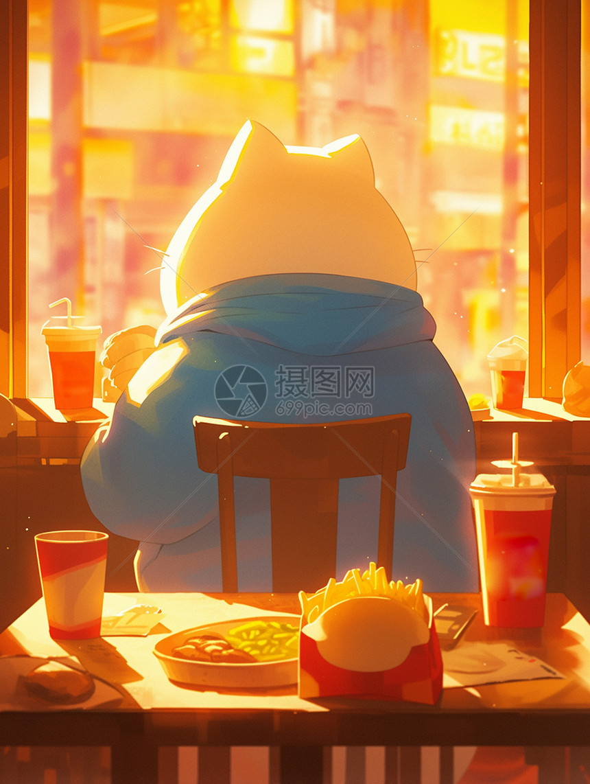 温暖的午后坐在快餐店吃饭的卡通肥猫背影图片