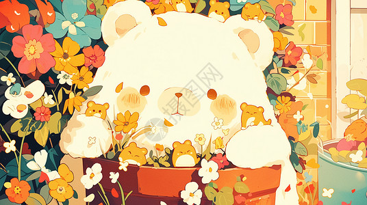 儿童可爱接送卡花盆旁一个可爱的小白熊插画