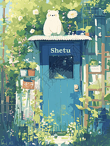 才有家有蓝绿色门的卡通周边有很多植物且坐着一只小白熊插画