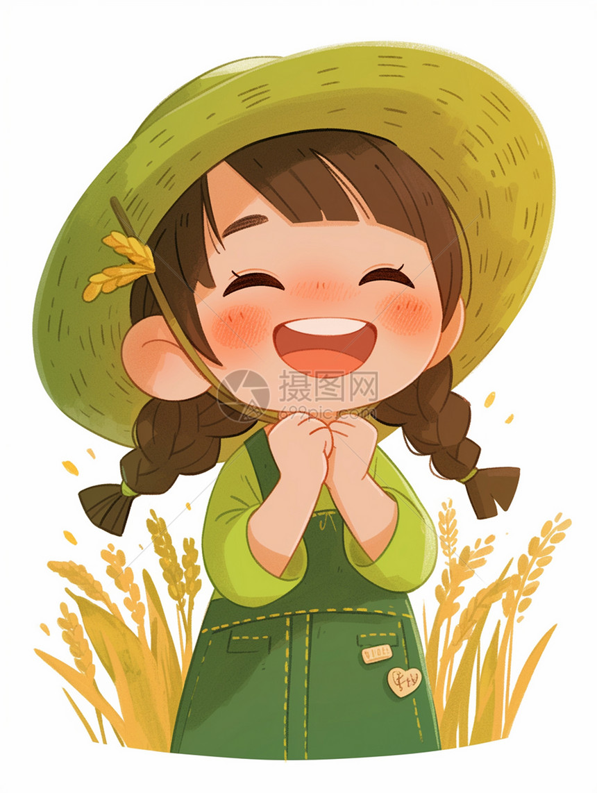 草帽在麦子地中开心笑的卡通女孩图片