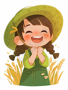 狗皮帽子草帽在麦子地中开心笑的卡通女孩插画