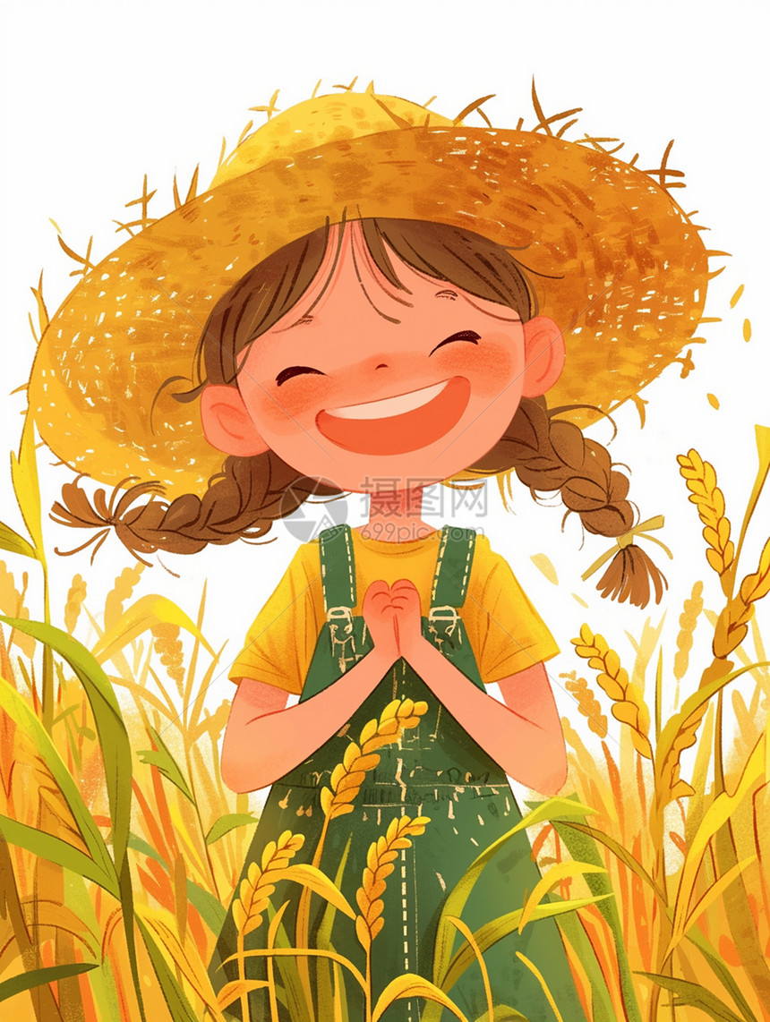 戴着草帽在麦子地中开心笑的女孩图片