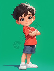 小男孩抬着水桶穿着T恤抱着肩膀的大眼睛可爱卡通小男孩插画