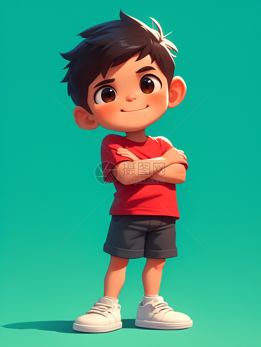穿着红色T恤抱着肩膀的大眼睛卡通小男孩图片