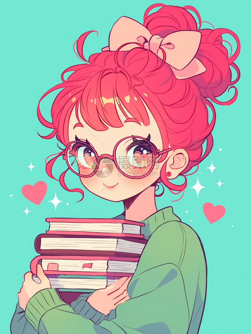 抱着一摞书的粉色头发小清新卡通女孩图片