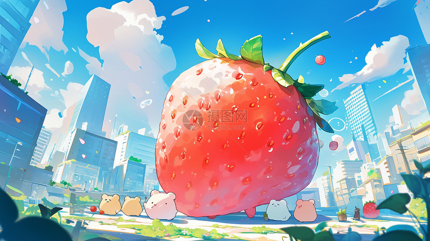 美丽的卡通小镇中一个大大的粉红色草莓图片