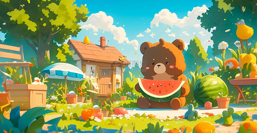 晴朗夏日坐在草地上吃西瓜的小棕熊图片