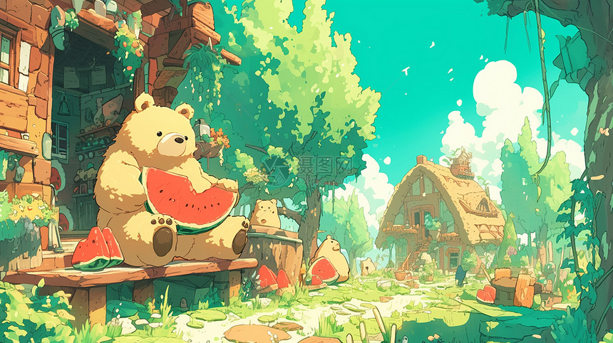 晴朗夏日坐在草地上的卡通小棕熊图片