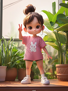 身穿粉色T恤在盆栽旁比耶手势的小女孩高清图片
