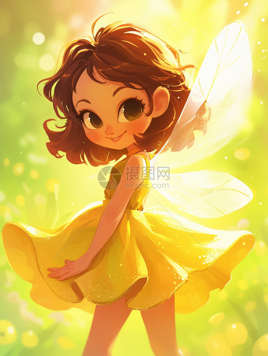 身穿黄色连衣裙有翅膀的卡通精灵女孩图片