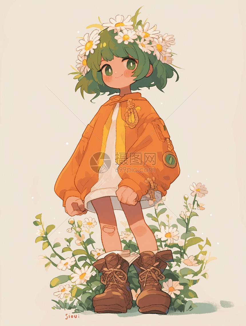 绿色短发小女孩头发上戴着很多小雏菊花朵图片