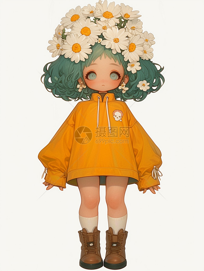 绿色短发可爱的卡通小女孩头发上戴着雏菊花朵图片