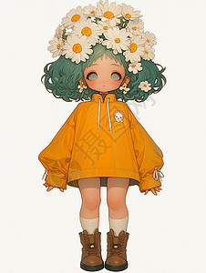 绿色短发可爱的卡通小女孩头发上戴着雏菊花朵高清图片