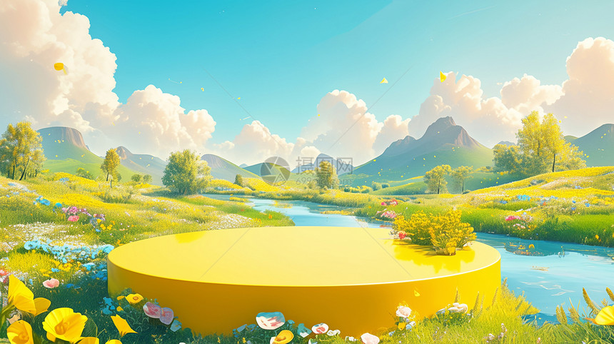 风景秀丽漫山遍野开满花朵的山中一个黄色卡通舞台图片