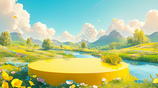 风景舞台素材风景秀丽漫山遍野开满花朵的山中一个黄色卡通舞台插画