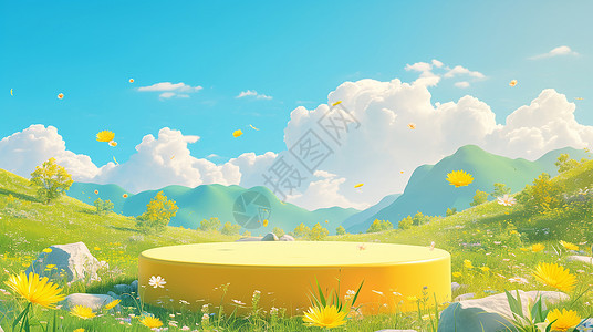 黄色小清新舞台风景秀丽漫山遍野开满花朵的山中一个卡通舞台插画