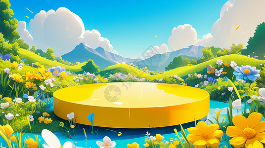 自然风景合成漫山遍野开满花朵的山中一个黄色卡通舞台插画