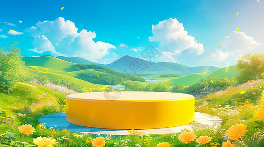 黄色小清新舞台风景秀丽漫山遍野开满花朵的山中一个卡通舞台插画