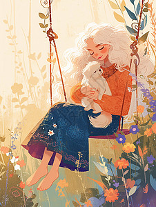 抱着小狗的女孩坐在秋千上抱着小狗荡秋千的卡通女孩插画