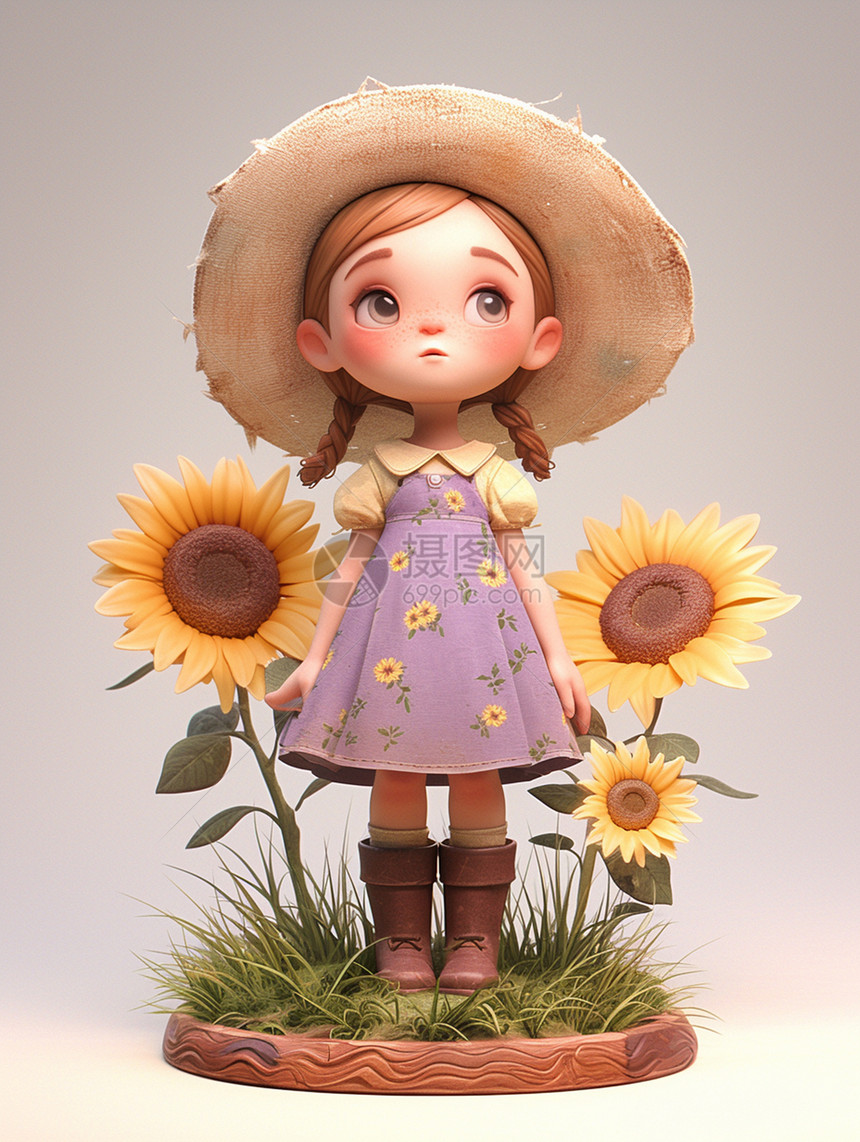 身穿碎花裙站在向日葵园中戴着草帽的卡通女孩图片