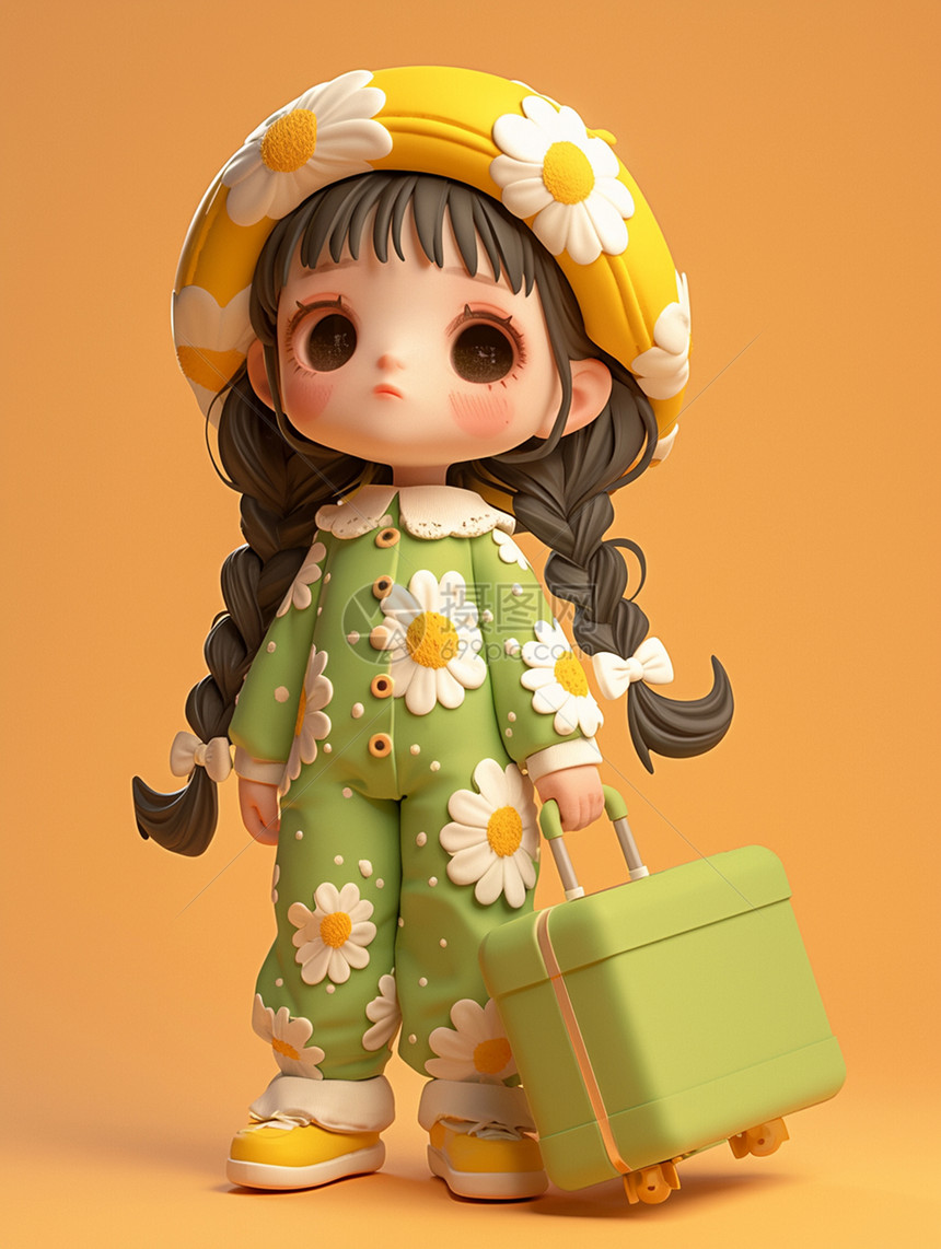 身穿绿色花朵服装手拿行李箱的卡通女孩图片