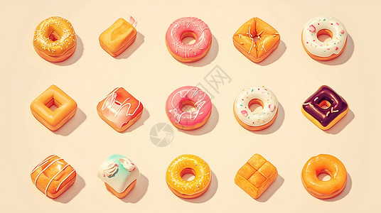 彩色面包多个口味与造型的美味卡通甜甜圈插画