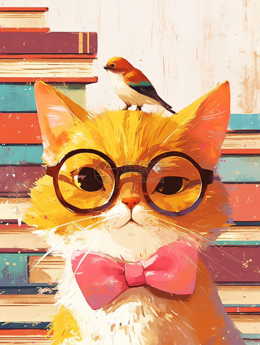 头上落着一只鸟系着粉色领结的橘猫在书籍旁图片