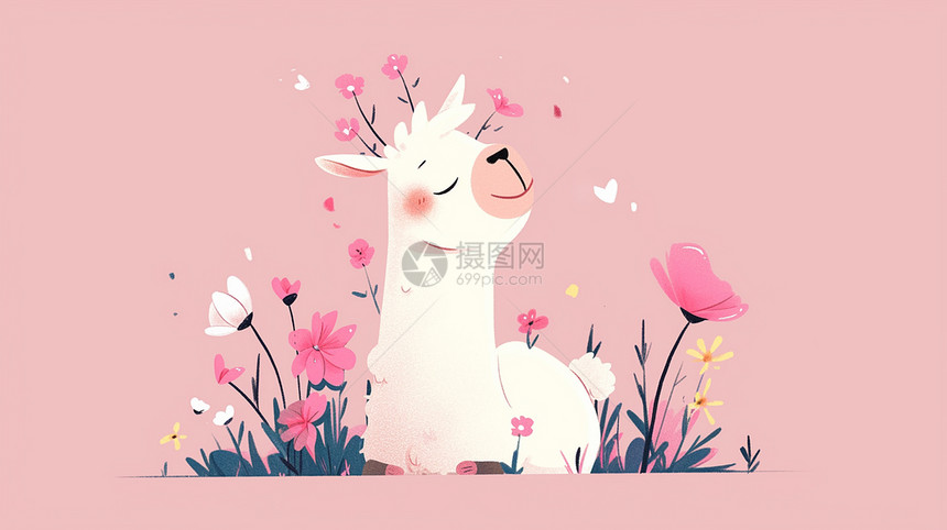 粉色背景上白色可爱的羊驼图片