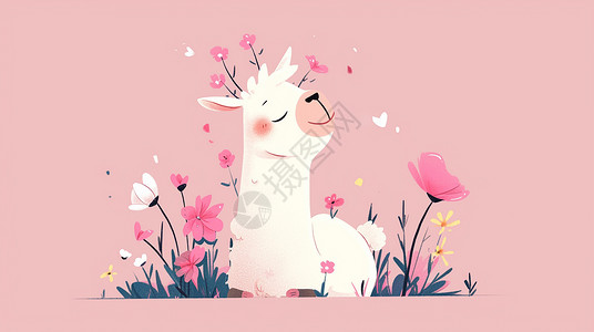 粉色背景上白色可爱的羊驼插画