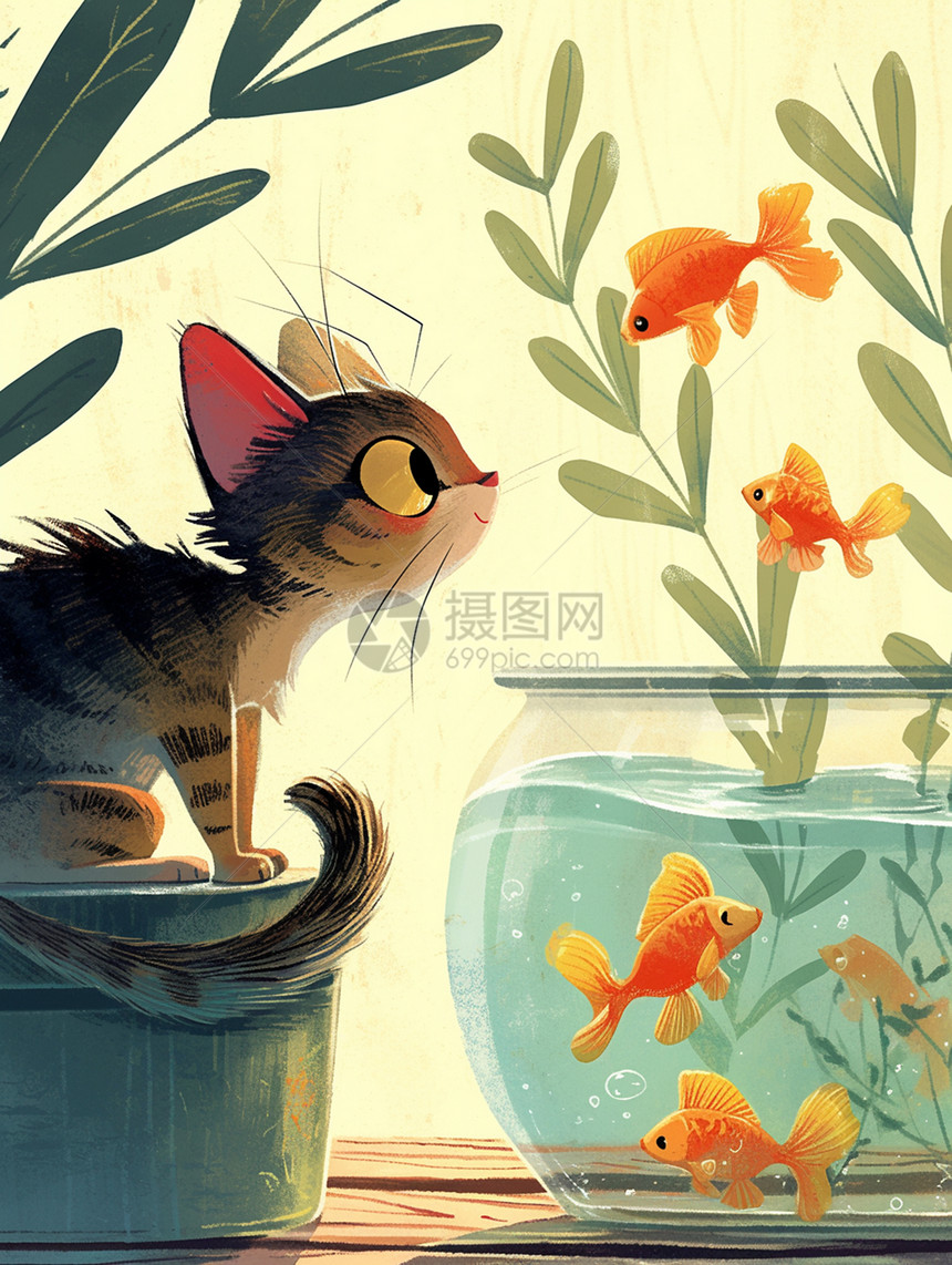可爱的卡通小猫与鱼缸里的鱼图片