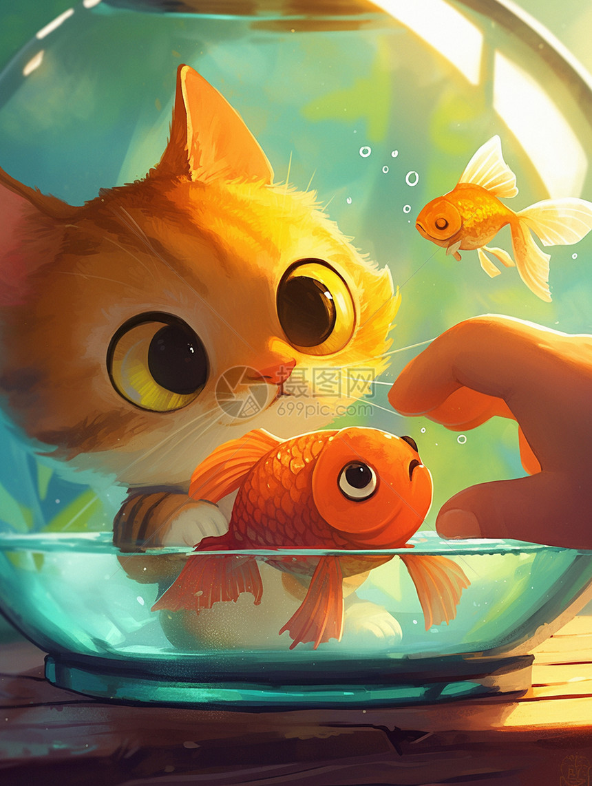 可爱的卡通猫与鱼缸里的鱼图片